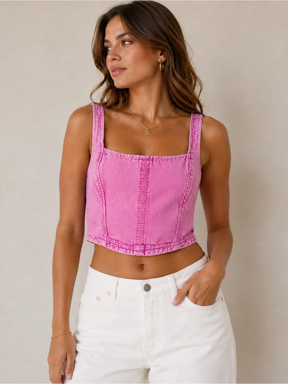 Pilcro Anthropologie Pink Denim Corset Crop Top Size Small Square Neck Y2K